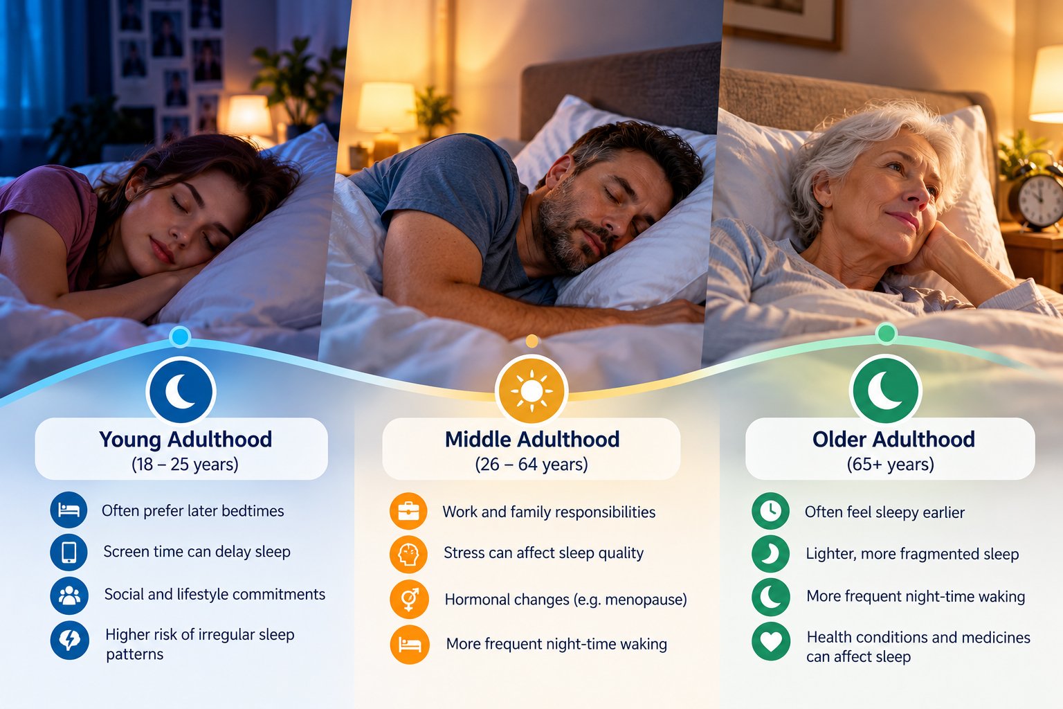 how age affects sleep from young adulthood to older age